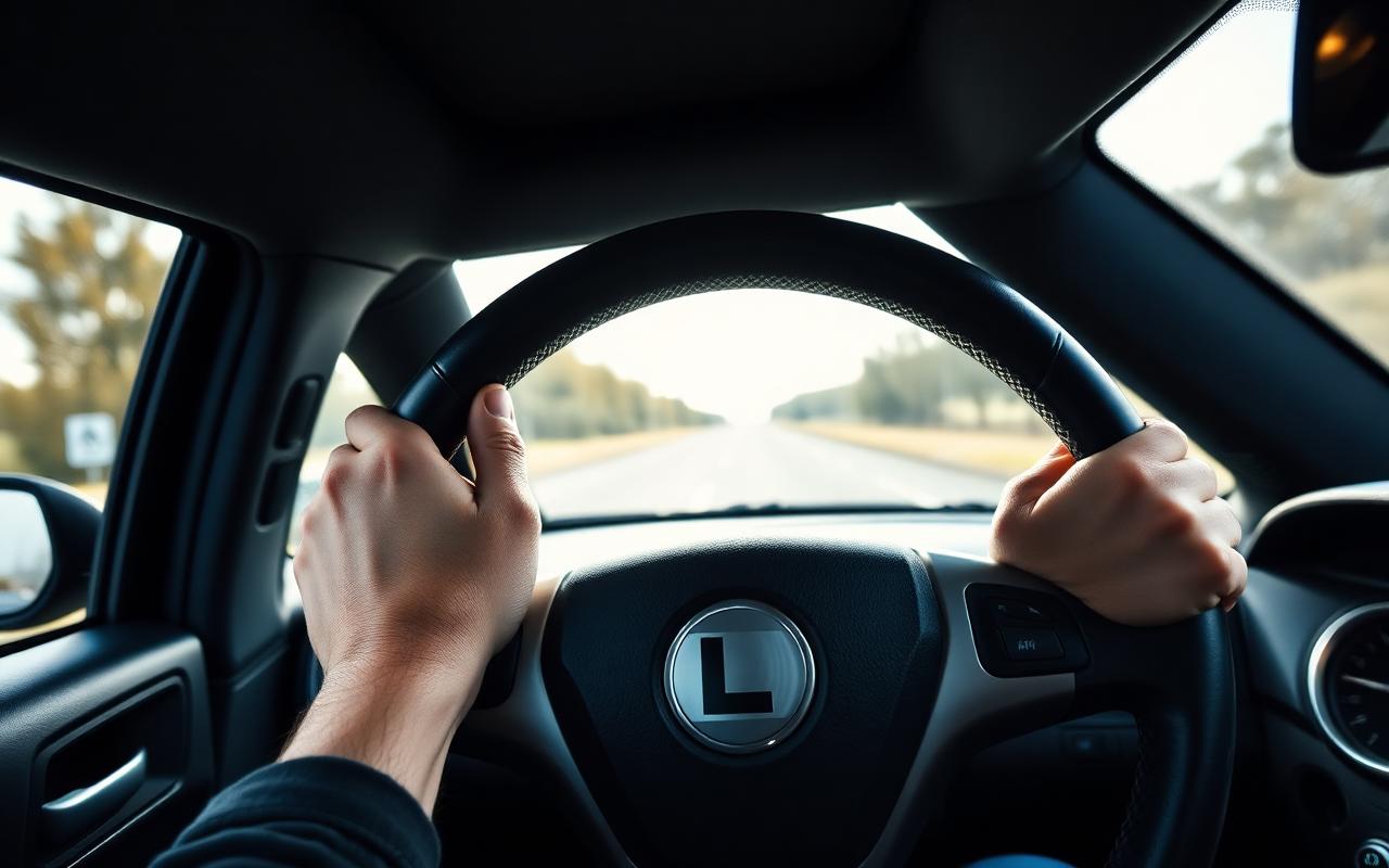 Mains posées sur le volant d'une voiture auto-école